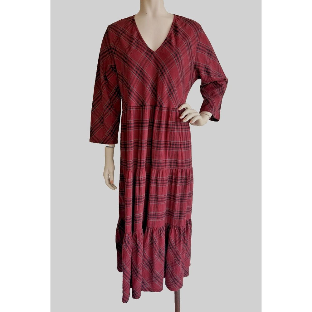 VERMONT COUNTRY STORE Dress Burgundy Plaid 100% Cotton V Neck Midi Caftan Size L